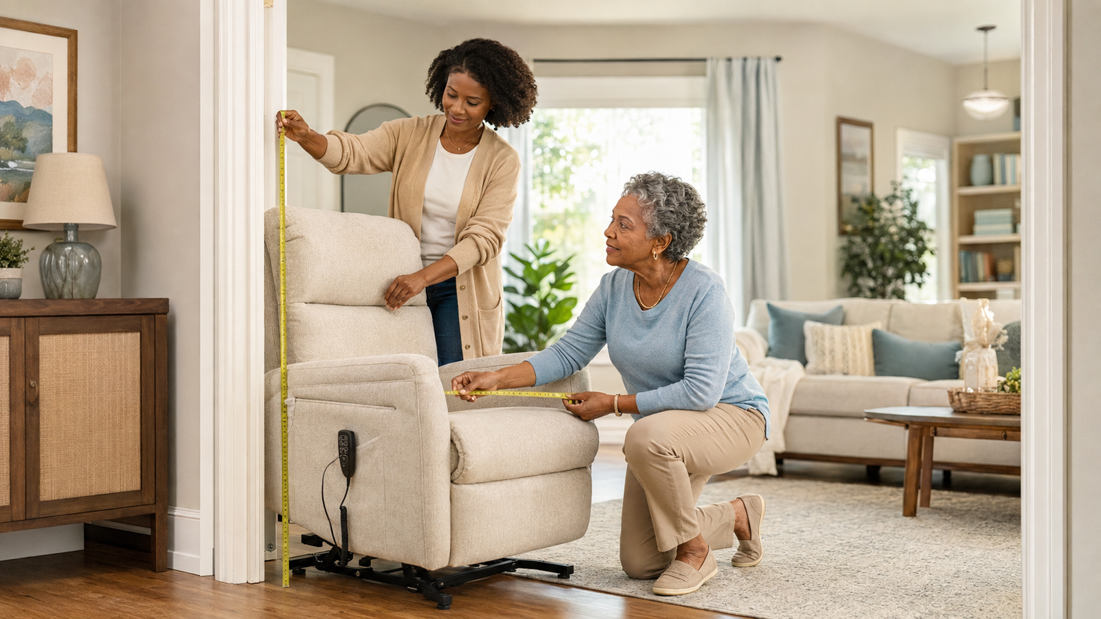 Adult daughter and older woman measuring the height and width of a cream lift chair in a doorway
