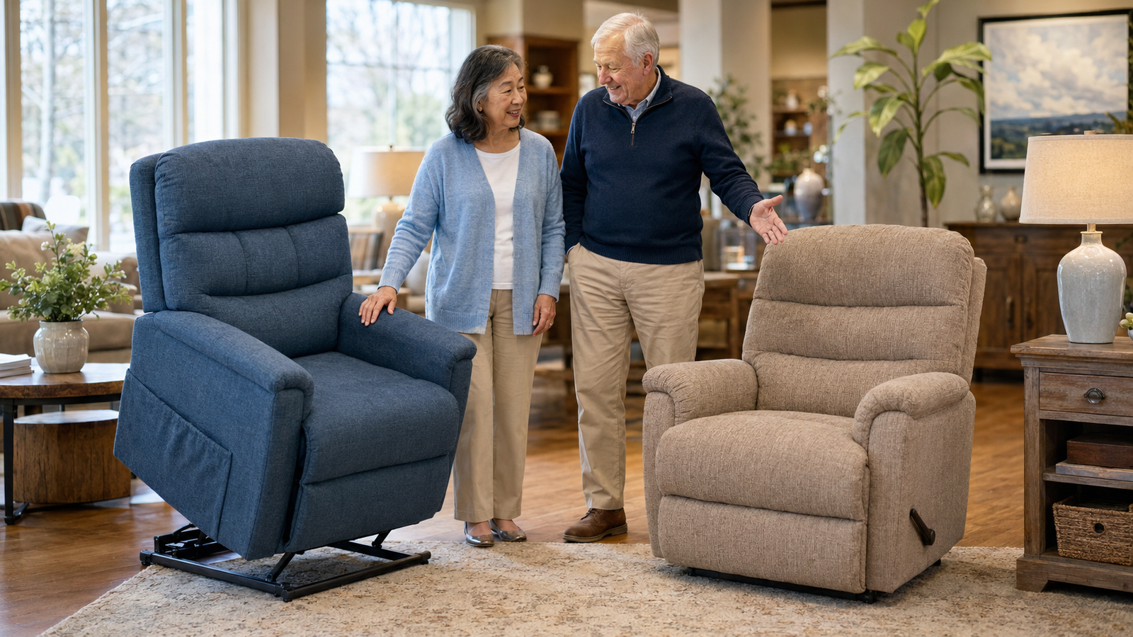 Older couple comparing a blue power lift chair in the raised position with a beige standard recliner in a furniture showroom